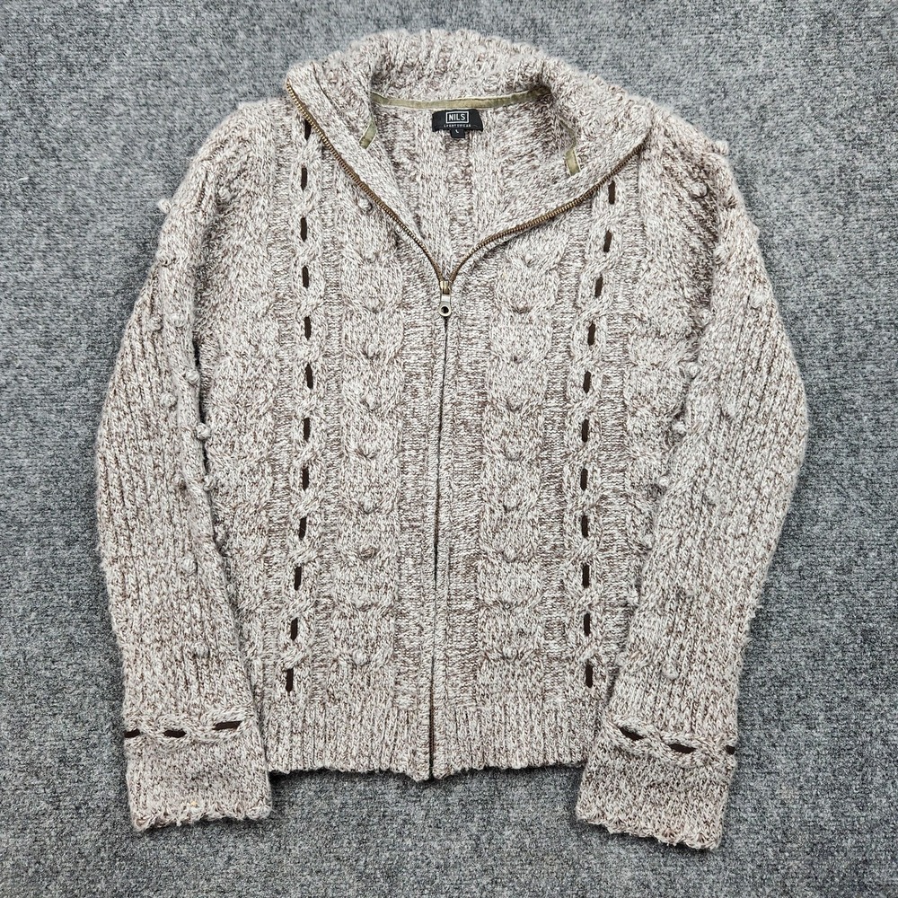 Nils Sweater Womens Large Alpaca Wool Brown Cable Knit‎ Full Zip Cardigan